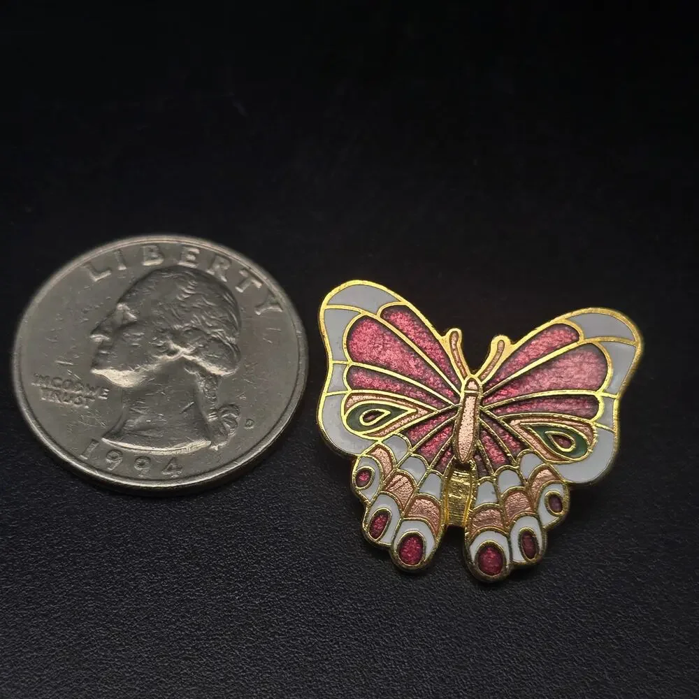 Cloisonne Enamel Butterfly Brooch Pink Petite Dainty Bug Insect Summer Jewelry